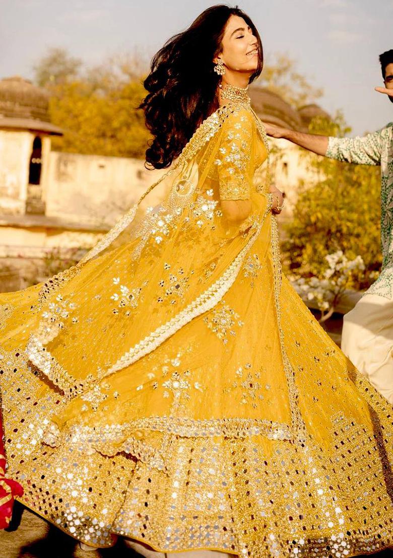 Yellow Mirror Work Georgette Lehenga Choli - Indya