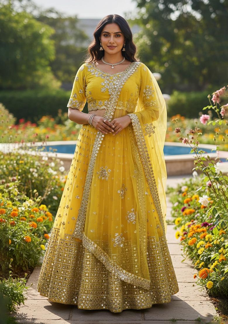 Yellow Mirror Work Georgette Lehenga Choli - Indya