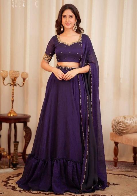 Wine Sequins And Dori Work Silk Lehenga Choli