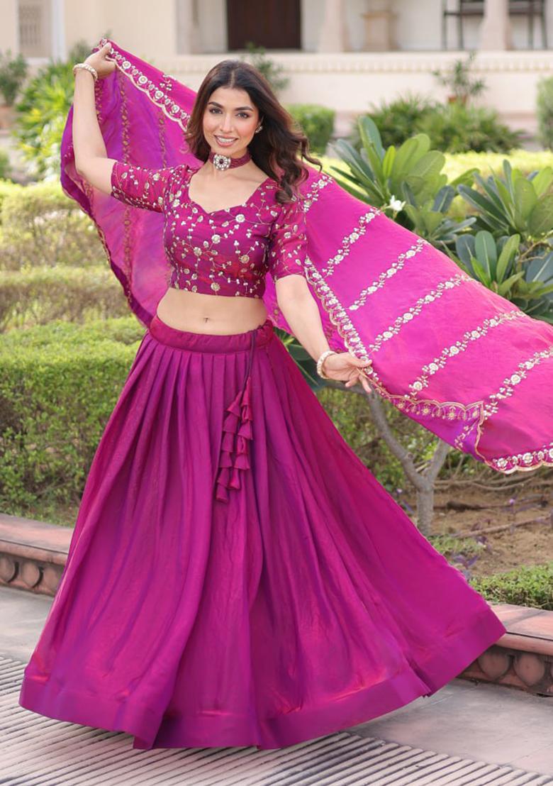 Rani Pink Embroidery Silk Lehenga Choli - Indya
