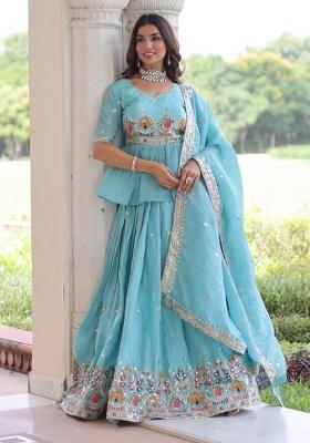Sky Blue Embroidery Gold Crush Lehenga Choli