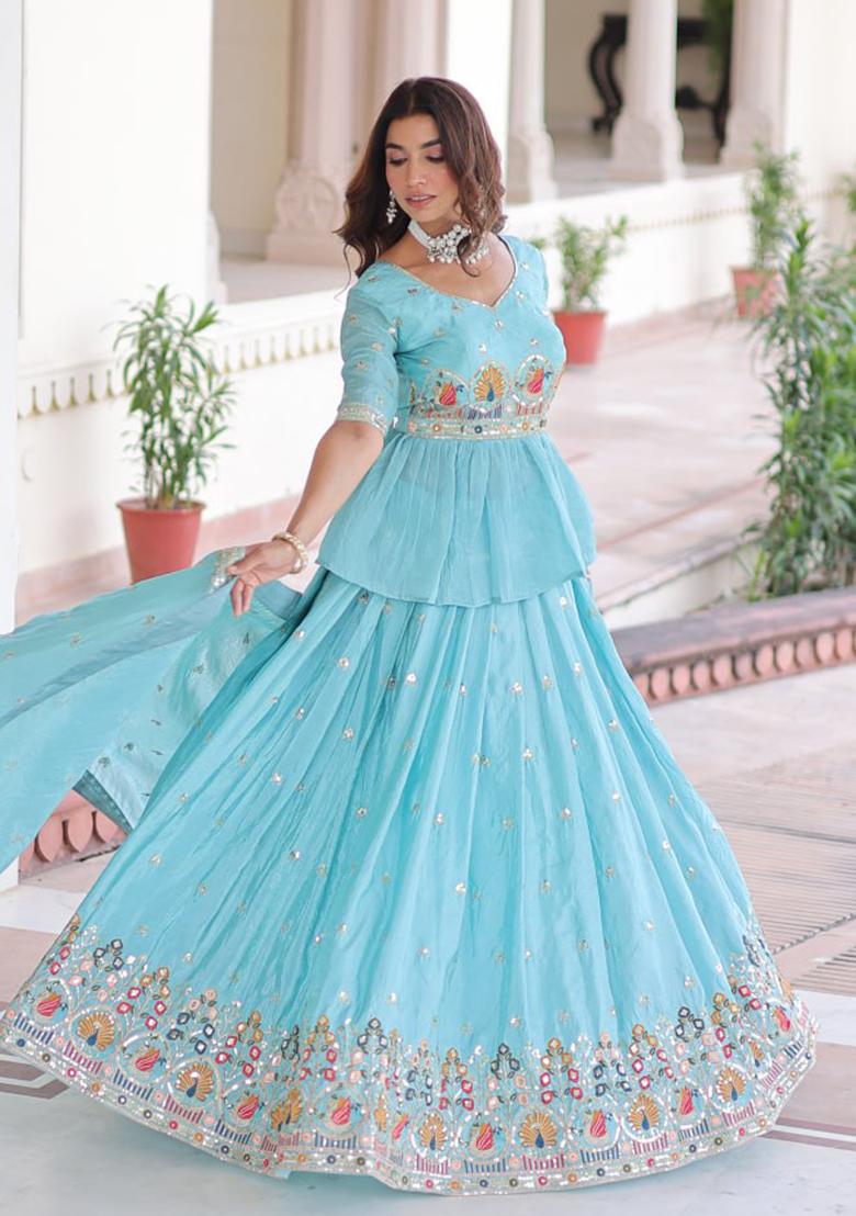Sky Blue Embroidery Gold Crush Lehenga Choli - Indya