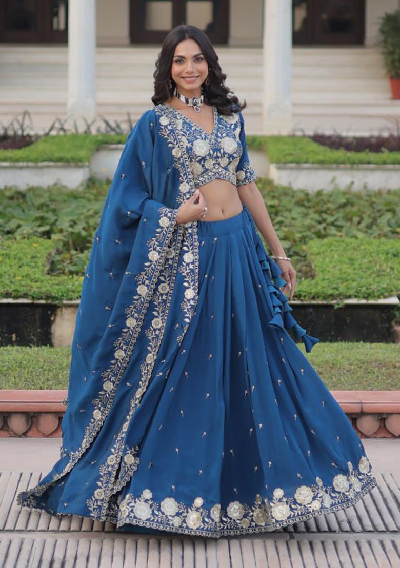 Royal Blue Embroidery Silk Lehenga Choli - Indya
