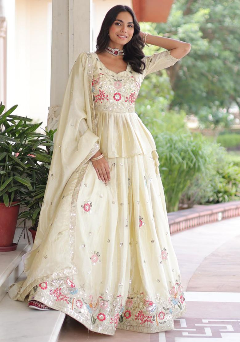 Cream Embroidery Gold Crush Lehenga Choli - Indya
