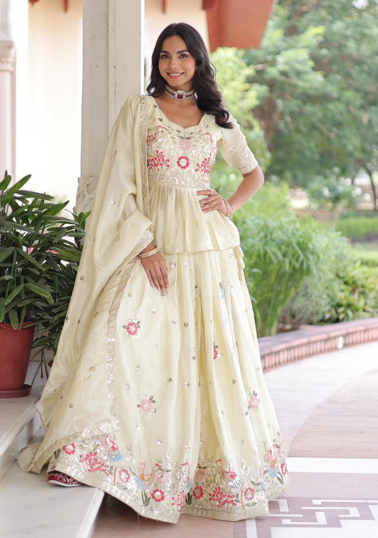 Cream Embroidery Gold Crush Lehenga Choli - Indya