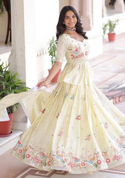 Cream Embroidery Gold Crush Lehenga Choli