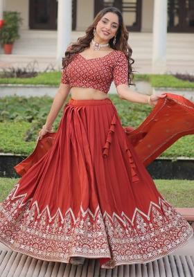 Rust Orange Embroidery Silk Lehenga Choli