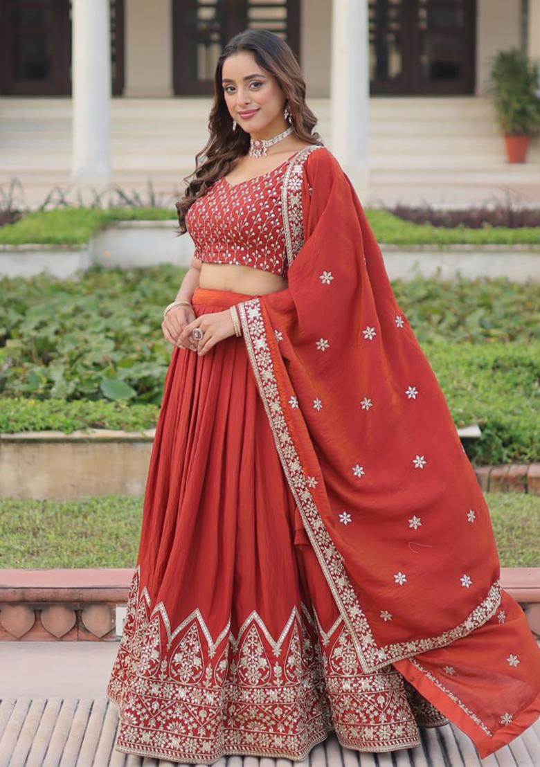 Rust Orange Embroidery Silk Lehenga Choli - Indya