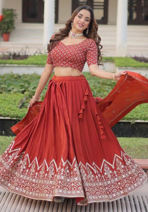 Rust Orange Embroidery Silk Lehenga Choli