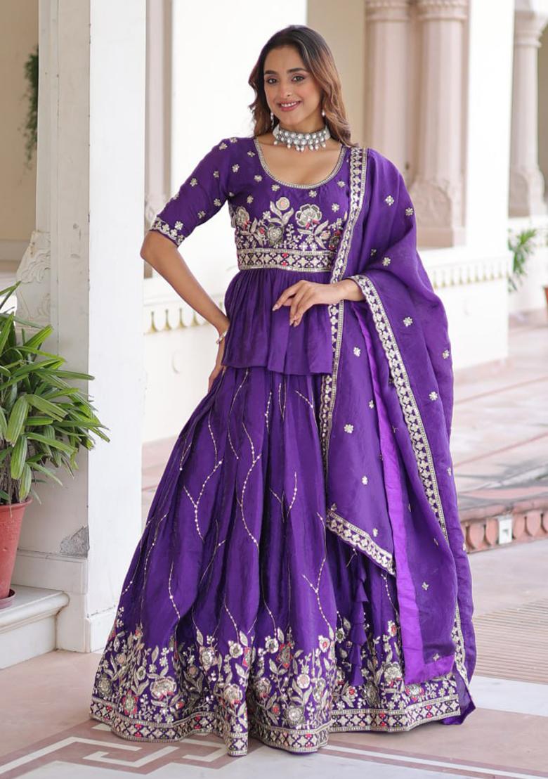 Purple Embroidery Gold Crush Lehenga Choli - Indya