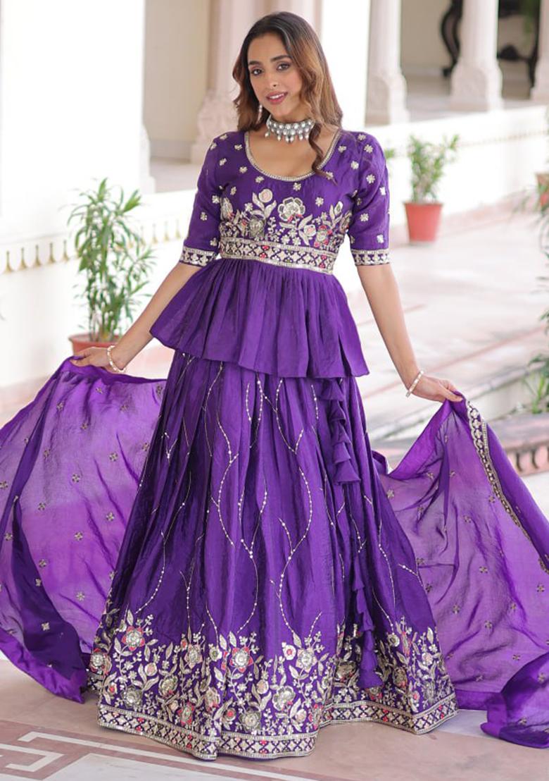 Purple Embroidery Gold Crush Lehenga Choli - Indya