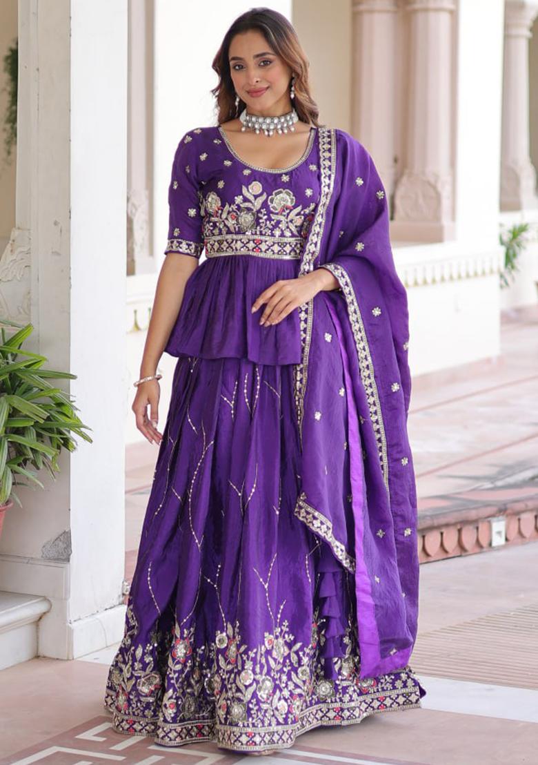 Purple Embroidery Crush Lehenga Set - Indya