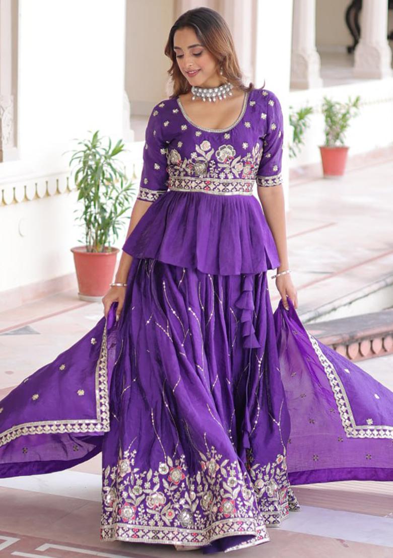 Purple Embroidery Crush Lehenga Set - Indya