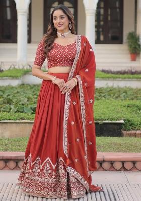 Red Embroidery Silk Lehenga Set