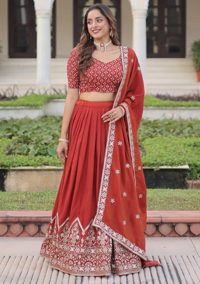 Red Embroidery Silk Lehenga Set - Indya