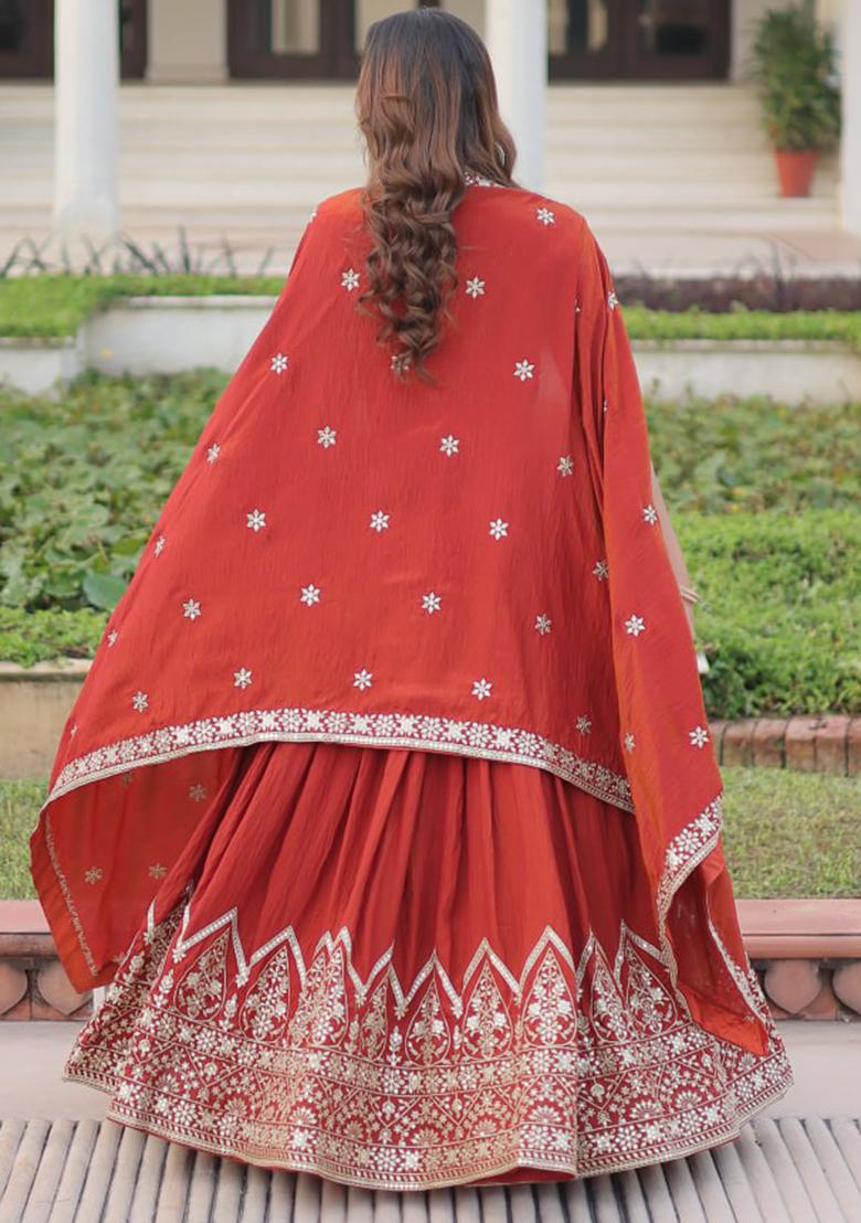 Red Embroidery Silk Lehenga Set - Indya