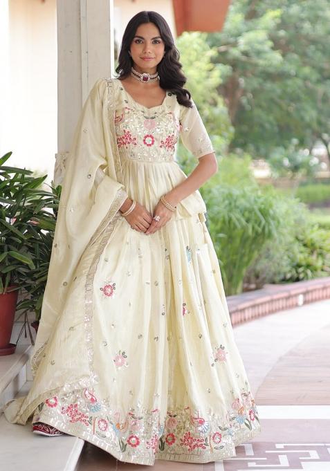 Cream Embroidery Crush Lehenga Set