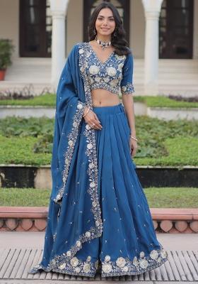 Blue Embroidery Silk Lehenga Set
