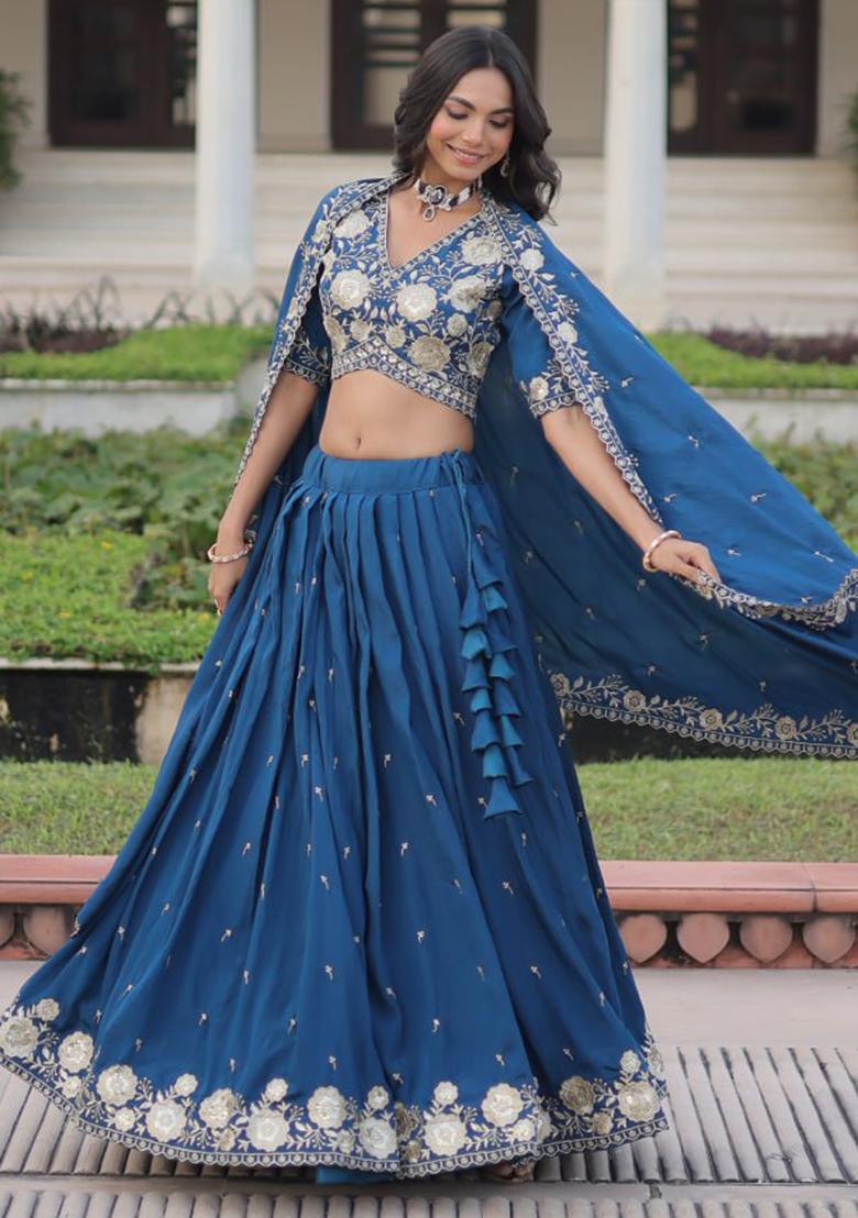 Blue Embroidery Silk Lehenga Set - Indya
