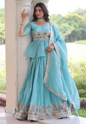 Sky Blue Embroidery Crush Lehenga Set