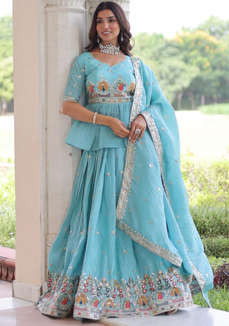 Sky Blue Embroidery Crush Lehenga Set - Indya