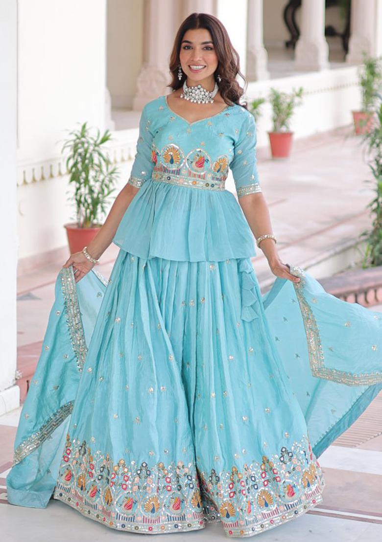 Sky Blue Embroidery Crush Lehenga Set - Indya