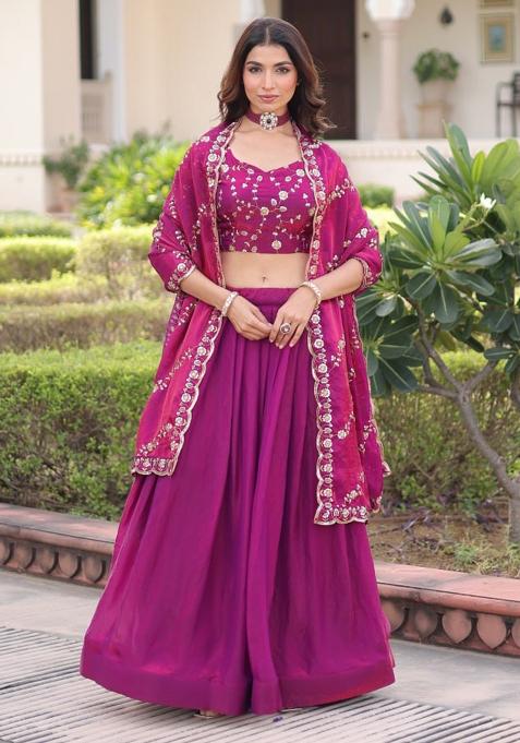 Rani Pink Embroidery Silk Lehenga Set
