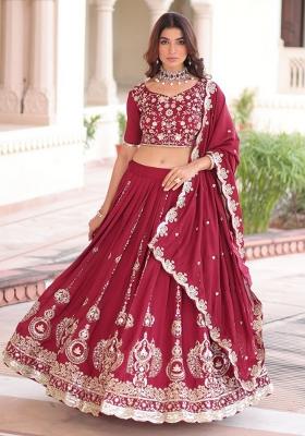 Maroon Embroidery Silk Lehenga Set