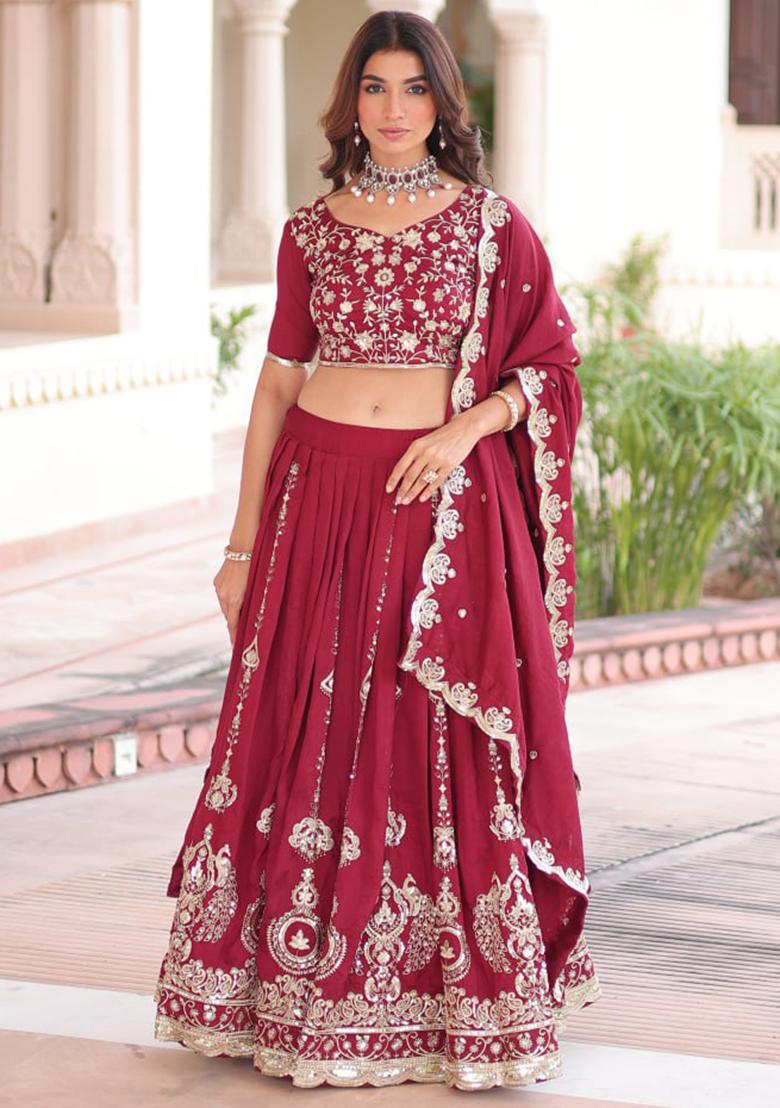 Maroon Embroidery Silk Lehenga Set - Indya