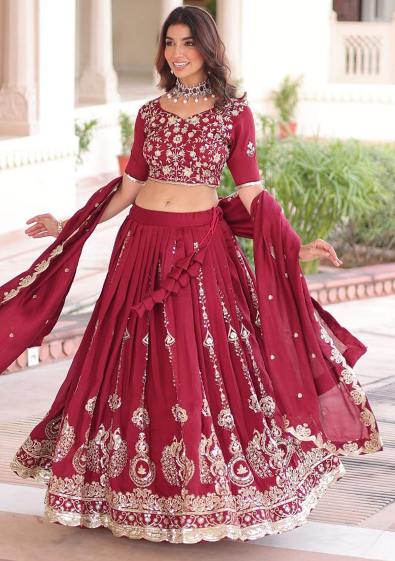 Maroon Embroidery Silk Lehenga Set - Indya
