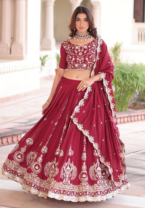 Maroon Embroidery Silk Lehenga Set