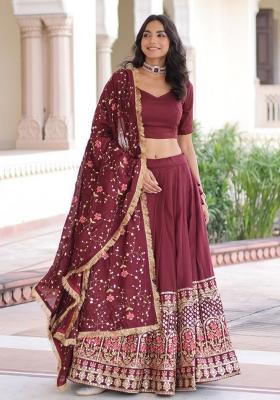 Maroon Embroidery Silk Lehenga Set