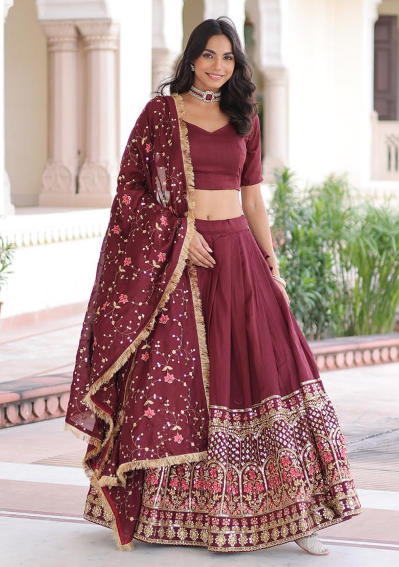 Maroon Embroidery Silk Lehenga Set - Indya