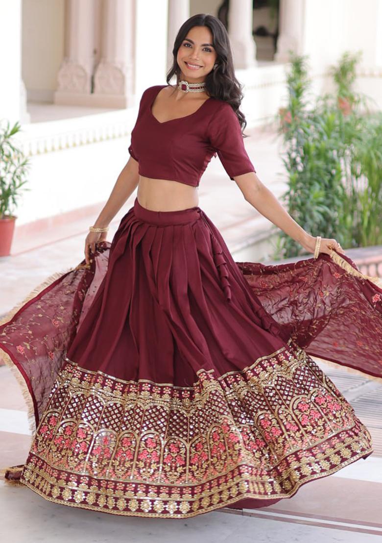 Maroon Embroidery Silk Lehenga Set - Indya