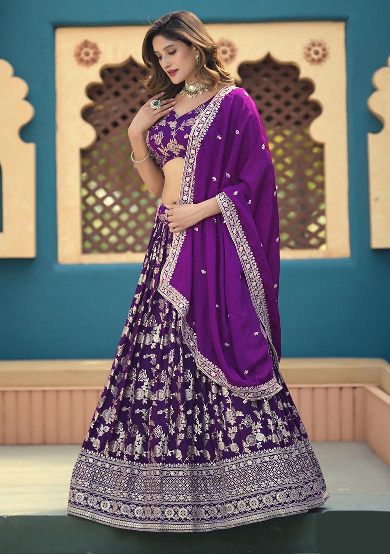 Purple Embroidery Silk Lehenga Set - Indya