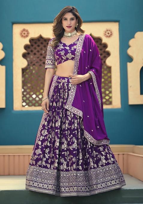 Purple Embroidery Silk Lehenga Set