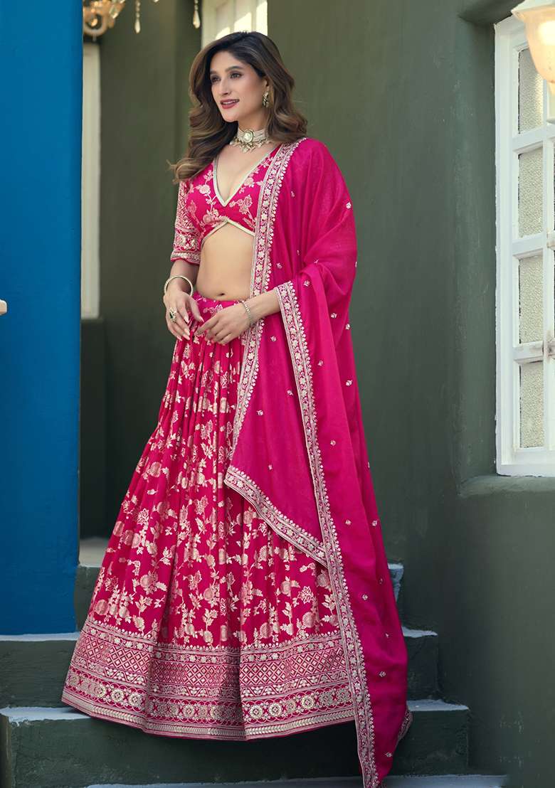 Magenta Silk Blend Lehenga Set with Embroidery for Diwali | Wedding & Festive Wear - Indya