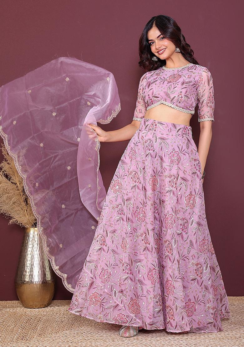 Pink Embroidery Organza Lehenga Set - Indya