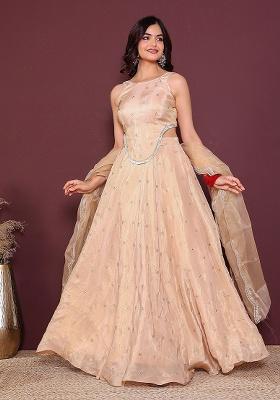 Beige Embroidery Simmer Tissue Lehenga Set