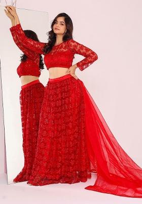 Red Embroidery Net Lehenga Set