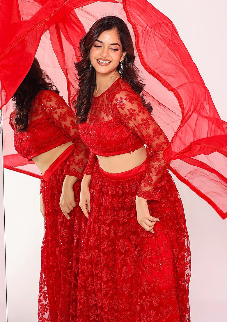 Red Embroidery Net Lehenga Set - Indya