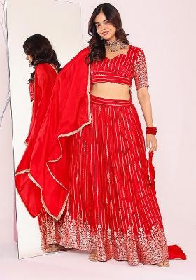 Red Motif Brocade Lehenga Set