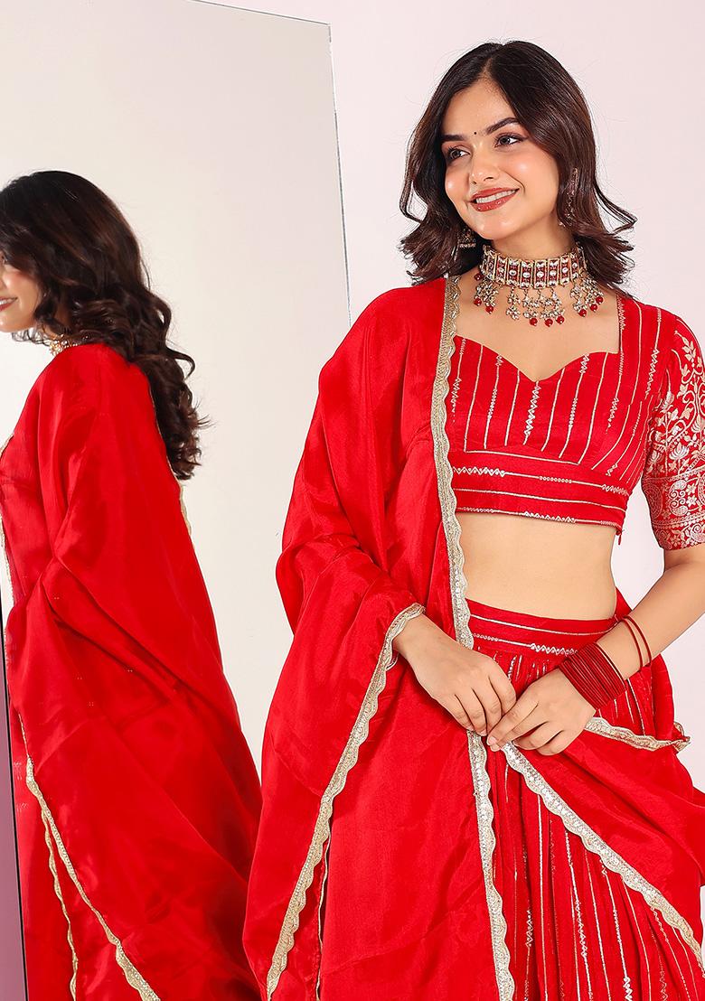 Red Motif Brocade Lehenga Set - Indya