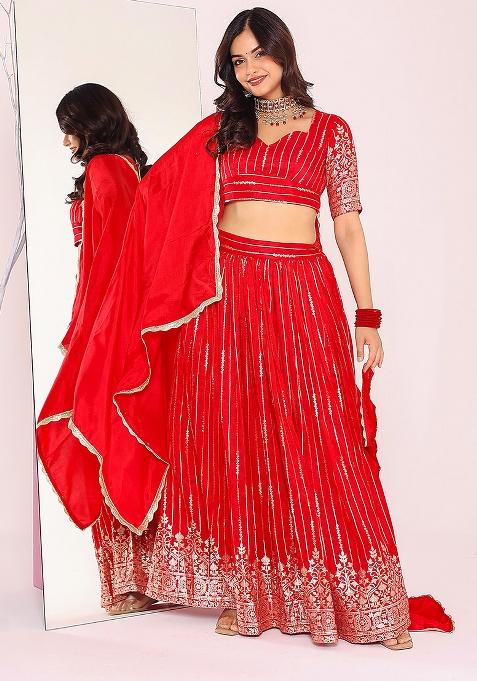 Red Motif Brocade Lehenga Set