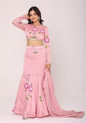 Pink Hand Paint Satin Lehenga Set
