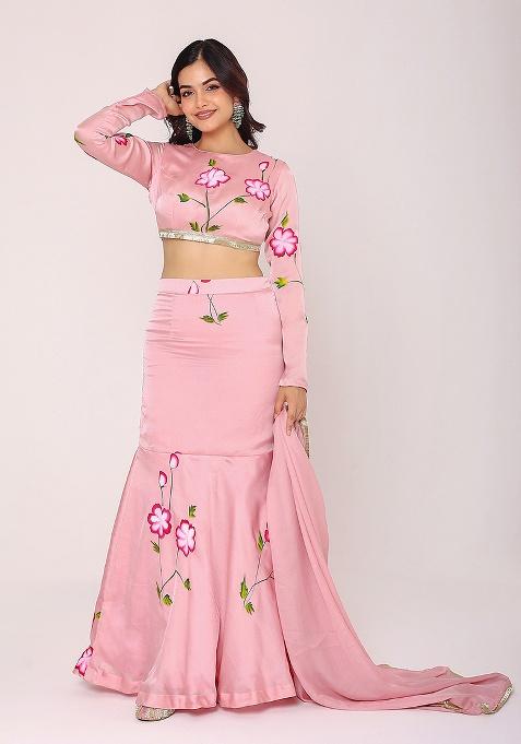 Pink Hand Paint Satin Lehenga Set