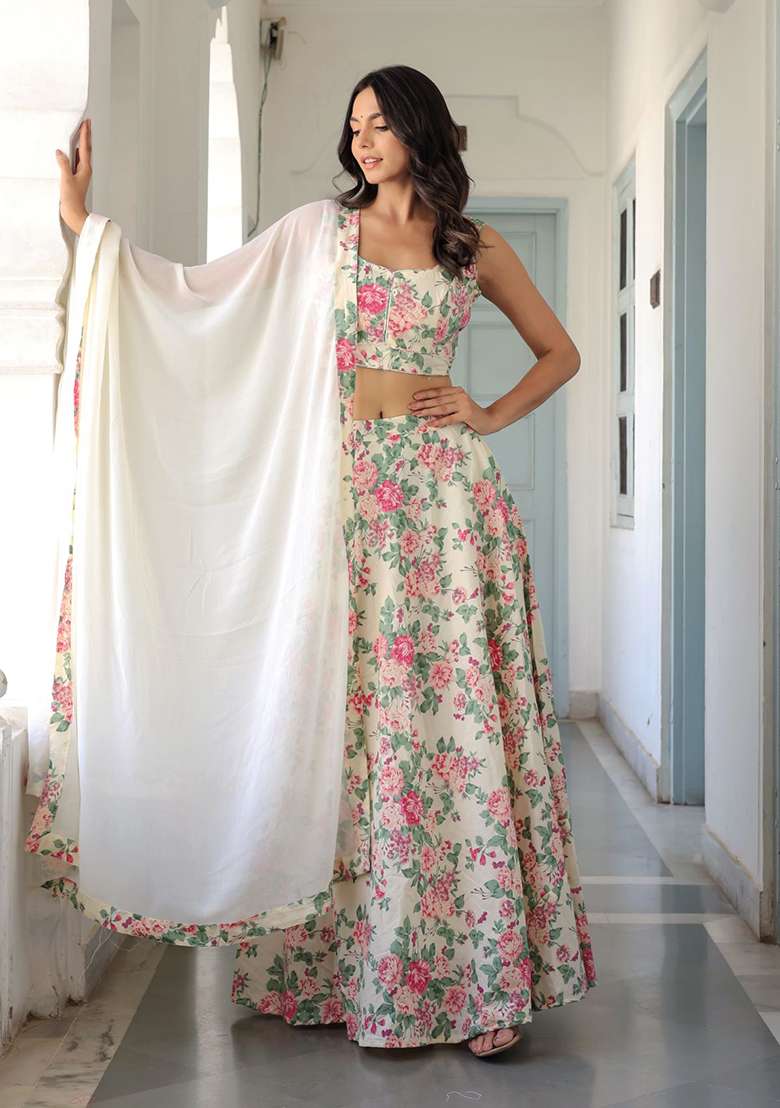 Off White Printed Cotton Lehenga Set - Indya