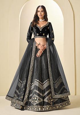 Black Embroidery Velvet Lehenga Set