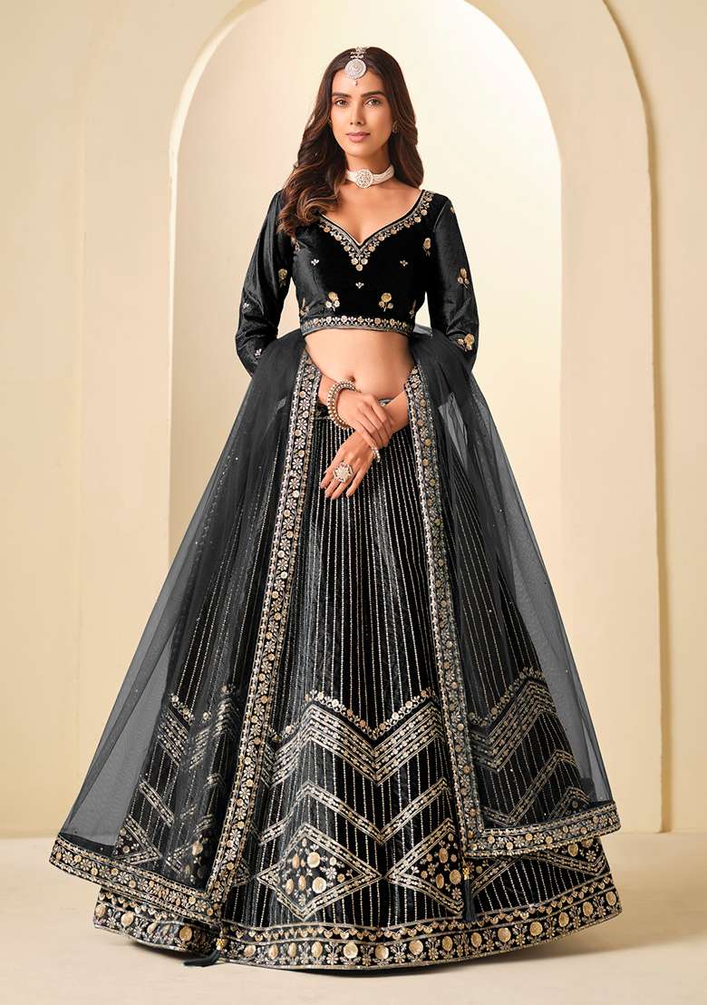 Black Embroidery Velvet Lehenga Set - Indya