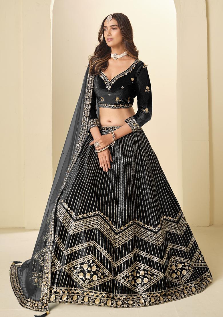 Black Embroidery Velvet Lehenga Set - Indya
